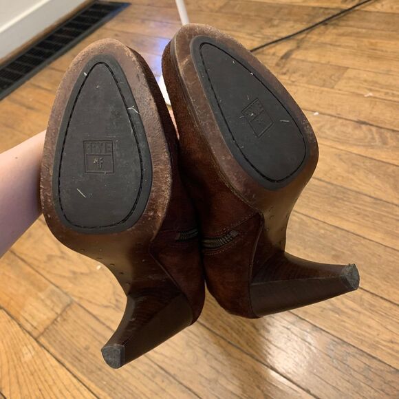 Vintage Frye Boot Rare Mikaela Brown Suede Black Leather Sexy Wooden Heel - Picture 9 of 10